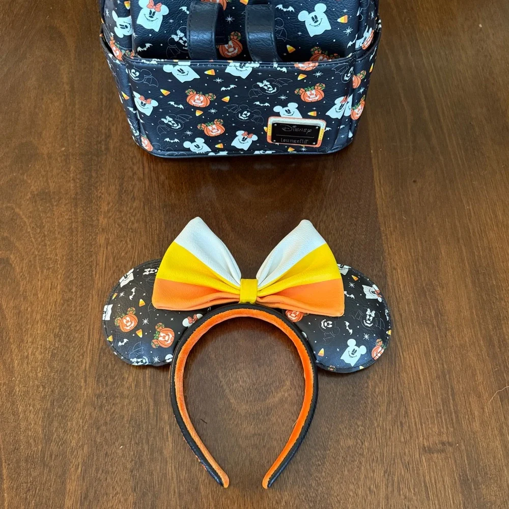 EUC Loungefly Disney Mickey Minnie Spooky Mice Mini Backpack with Ears Headband